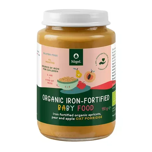 Terci de Ovăz Bio cu Caise, Pere, Mere și Adaos de Fier Organic, 6+ Luni, 190 g | Nôgel.