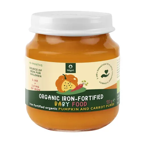 Piure de Dovleac și Morcov Bio cu Adaos de Fier Organic, 4+ Luni, 120 g | Nôgel.